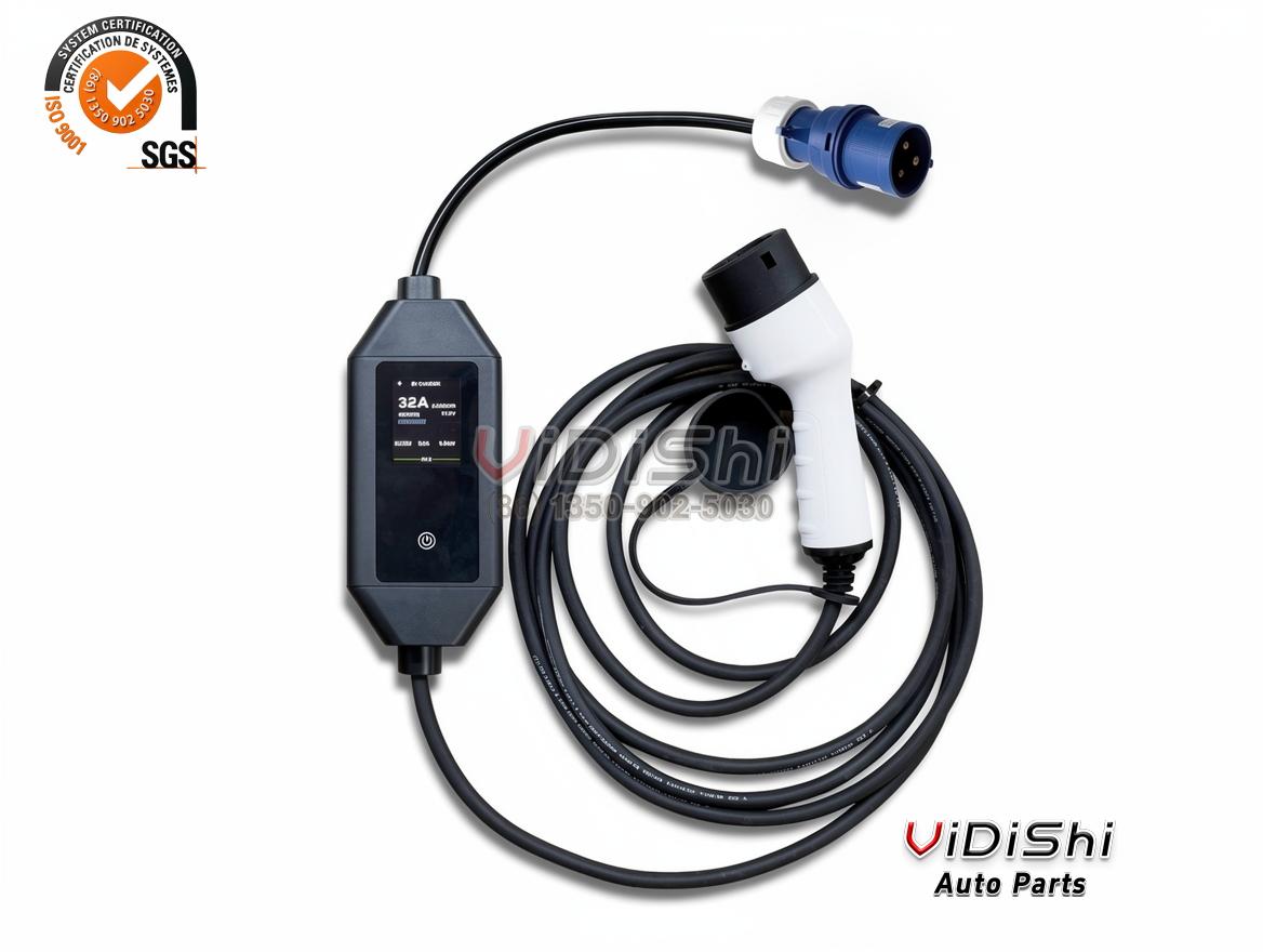 7kw Portable Type2 Ev Charger Adjustable Current 32a 5m Cable with Big Screen Display Home Use with Blue CEE Plug front view